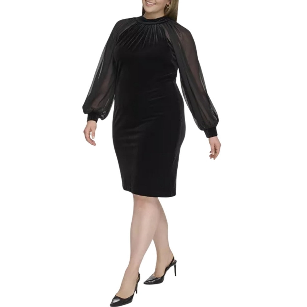 CALVIN KLEIN Black Mockneck Velvet Chiffon Sheer Raglan Sleeve Sheath Dress